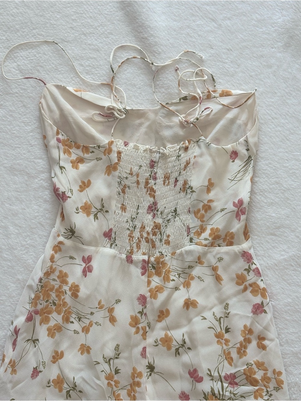 Reformation Cream Floral Spaghetti-Strap Dress with Pink & Mustard Accents - Picture 5 of 6